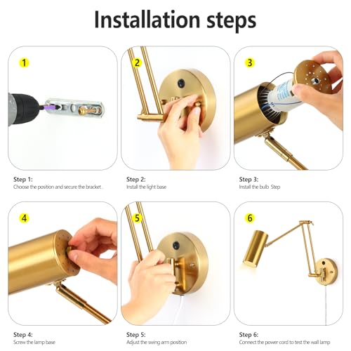 Image of Swing Arm Wall Lamps, Plug in Wall Sconces with 1.8m Power Cord, Wall Sconces Wall Mounted Lights with Remote Control for Reading, Sewing, Carving and Painting