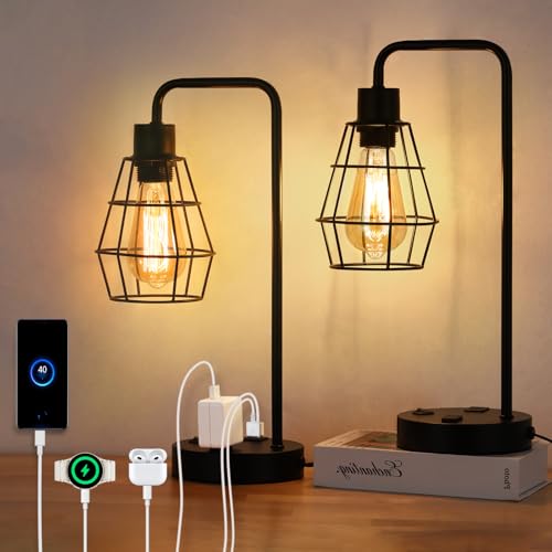 Catálogo de Lámparas de mesa y mesilla de noche de esta semana. 41 Juego de 2 lámparas de mesa industriales, juego de lámparas de noche con dos puertos de carga USB y 2 tomas de CA, lámpara de escritorio Farmhouse Edison para sala de estar y...