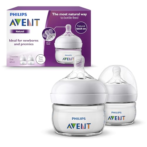 Image of Philips Avent Natural Baby Bottles, with First Flow Nipple, 2OZ/60ML, 2 Pack, SCF019/25