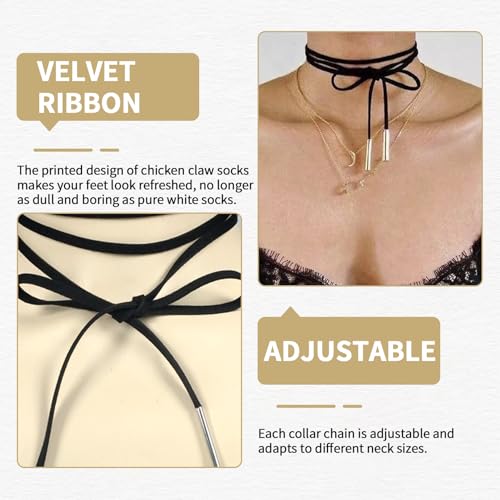 Lange Choker Kette Damen Velours Lederhalskette Schlüsselbein Choker Halskette Stretch Vintage Boho Leder Halsketten Verstellbare Schwarz Halsband Damen Schmuck für Halloween Geburtstag Party Cosplay