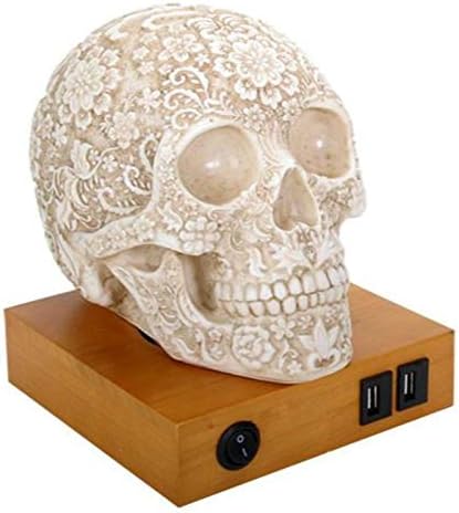 SUMMIT COLLECTION Floral Skull Home Decor LED Lamp with Two USB Charging Ports, White,