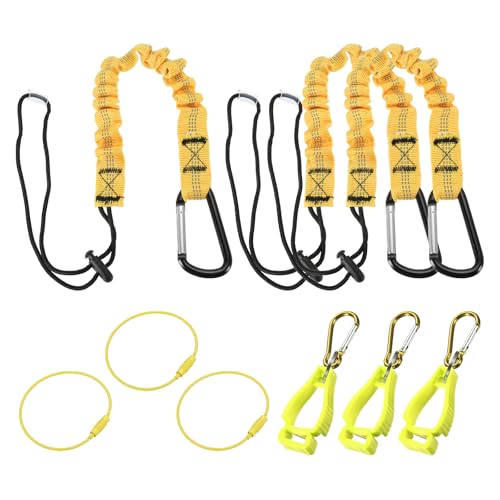 Image of MECCANIXITY Retractable Tool Lanyard 2ft with Aluminum Buckle and Adjustable Loop End, Included Glove Clamps and Keychains, Fall Protection Tools Leash for Hand Tools, Yellow 3 Pack