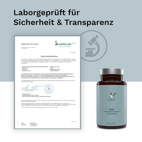 MSM + Vitamin C - 2000mg Methylsulfonylmethan + natürliches Vitamin C (Acerola) - 365 vegane Tabletten für 6 Monate - ohne Zusatzstoffe - laborgeprüft - Balanced Vitality