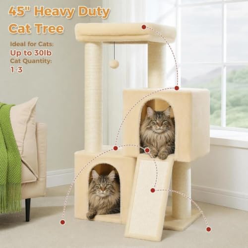 Image of PAWZ Road Large Cat Tree, 45 inch Heavy Duty Cat Tower with Dual Condos, Beige