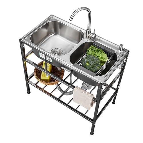 Fregadero independiente para uso comercial al aire libre, con unidad de escurridor y estantes de almacenamiento, grifo de acero inoxidable de arco alto para garaje, restaurante, casa de campo, lavand