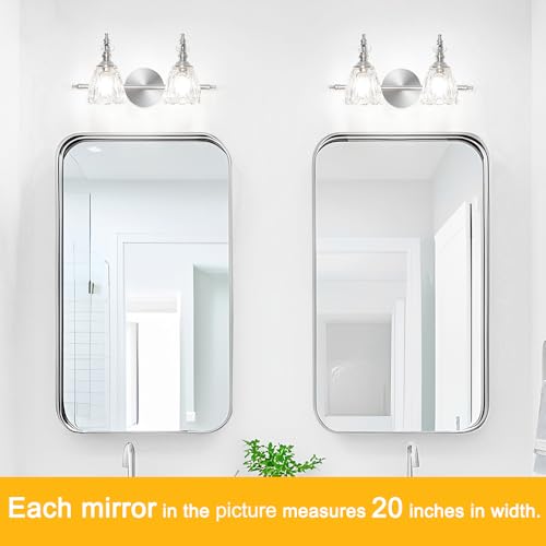 Image of Vintage Vanity Light Fixtures for Bathroom, 2 Light Brushed Nickel Vanity Lighting Over Mirror, Bathroom Light Fixtures with Flower Clear Glass, Farmhouse Sconces Wall Lighting for Hallway