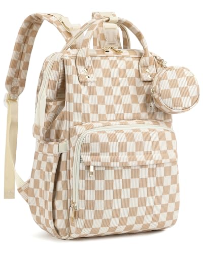 Image of Corduroy Diaper Bag Backpack, Large Capacity Multifunction Baby Diaper Bags for Women, Insulated Bottle Pockets & Pacifier Case, Stylish Travel Nappy Changing Bags for Mom Dad (Checkered Brown)
