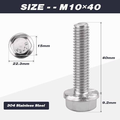 Image of M10-1.5 x 40mm (8 pcs) Flanged Hex Bolts, 304 Stainless Steel 18 /8, Large Washer Head Automotive Screws for Car Parts & Machinery Replacement