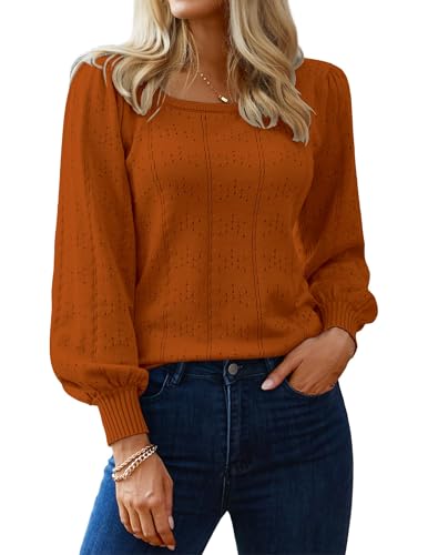 Image of HOTOUCH Sweaters for Women 2026 Fall Trendy Tops Casual Puff Sleeve Square Neck Cute Tunic Pullover Blouses XS-XXL