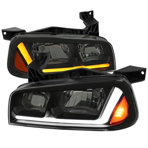 SPEC-D TUNING Black Smoke Headlights w/Fiber Optic LED Strip and Turn Signal Light Compatible with 2006-2010 Dodge Charger 4Dr Sedan Left + Right Pair Headlamp Assembly