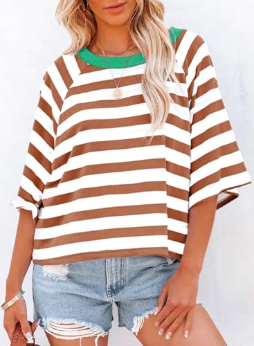 Dokotoo Tops for Women Striped 2025 Fashion T Shirts for Women Color Block Crewneck Design Loose Basic Tee