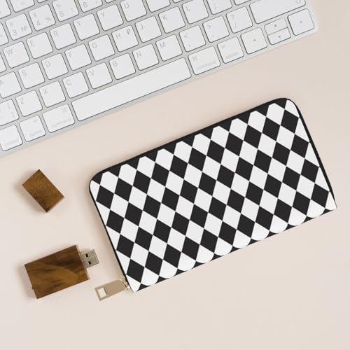 Leather Thin Slim Wallets for Women Men - Fashion Black White Harlequin Print Card Wallet Holder with Zipper 5