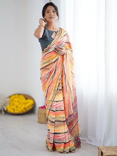 Image of Satrani Women's Georgette Printed & Mirror Work Saree with Unstitched Blouse Piece