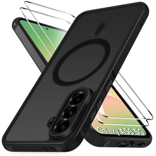 ivoler für Samsung Galaxy A56 5G Hülle 1 Magnetisch Handyhülle mit 2 Stück Panzer Schutz Glas [Kompatibel mit MagSafe] [Militärnorm Sturzschutz] Stoßfest Schutzhülle Silikon Case Matt Schwarz