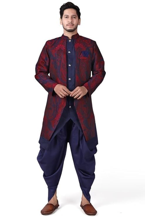 Ethzy Men's Red Jacquard Casual Regular Full Sleeve Indo Western with Dhoti Set - Traditional and Trendy-picture-32