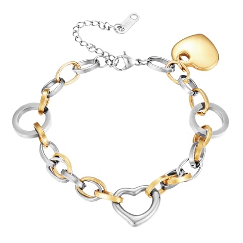 Emibele Bracelets Cœur Pour Femmes, Acier Inoxydable Or Argent Avec Charme Cœur, Chaîne Main Argent À Fermoir Réglable, Bijoux Romantiques Cadeaux...