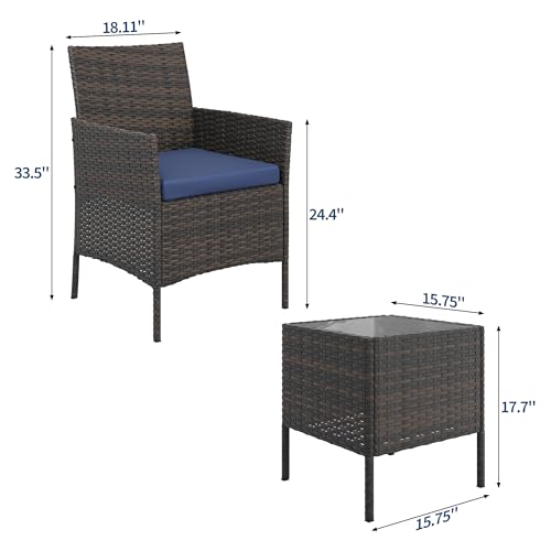 Image of GAOMON 3-Piece Patio Furniture Set, Modern PE Rattan Conversation Set with 2 Chairs & Tempered Glass Coffee Table, All-Weather Outdoor Seating for Garden, Porch, Balcony, Poolside, Brown /Navy Blue