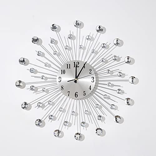 Jugv 19.7 Inch Large Wall Clock For Living Room Decor, Non-Ticking Quiet Modern Metal Starburst Bling Silver Crystal Wall Clocks Decor For Bedrooms Kitchen Decorative #TOP5