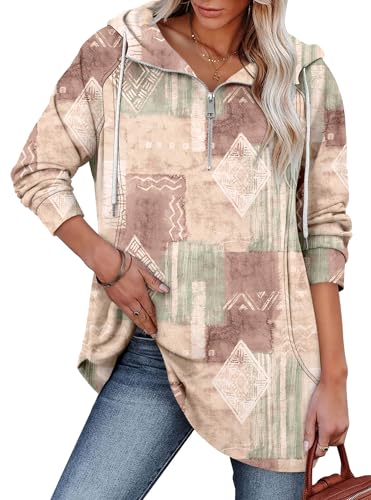 onlypuff Women Hoodie Pullover Trendy Quarter Zipper Lapel Sweatshirts Drawstring Cute Hooded Tunic Tops with Side Pockets