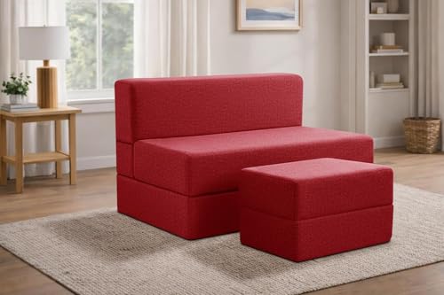 Image of Rosebell Foldable Sofa-Cum-Bed with Ottoman | 3-in-One Foldable Sofa, Lounger & Bed-3x6 Feet One Seater- Perfect for Home & Office -Red-Color