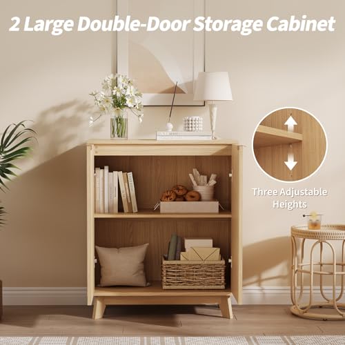 Sideboard Buffet Cabinet with Storage, Modern Fluted Accent Credenza with Doors & Adjustable Shelves, 31.5" Wood Coffee Bar Console Table for Living Room, Dining Room, Kitchen, Entryway, Natural Oak