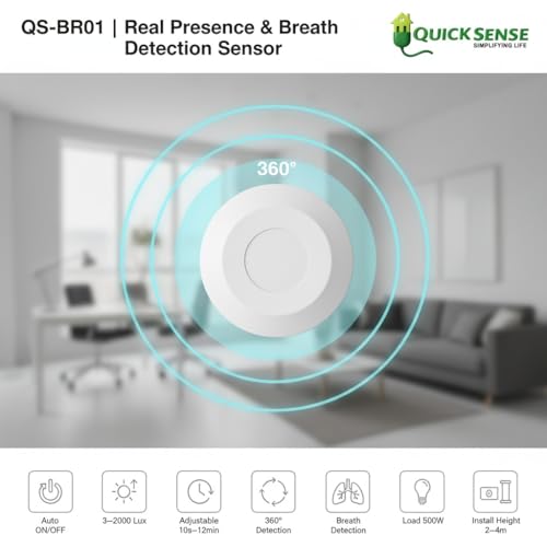 Image of Quick Sense (QS-BR01) | Real Presence Sensor | High Frequency Microwave Motion Sensor with Breath Detection | 360 Detection | 500W Energy Saving Ceiling Mount Light Control for Home & Office