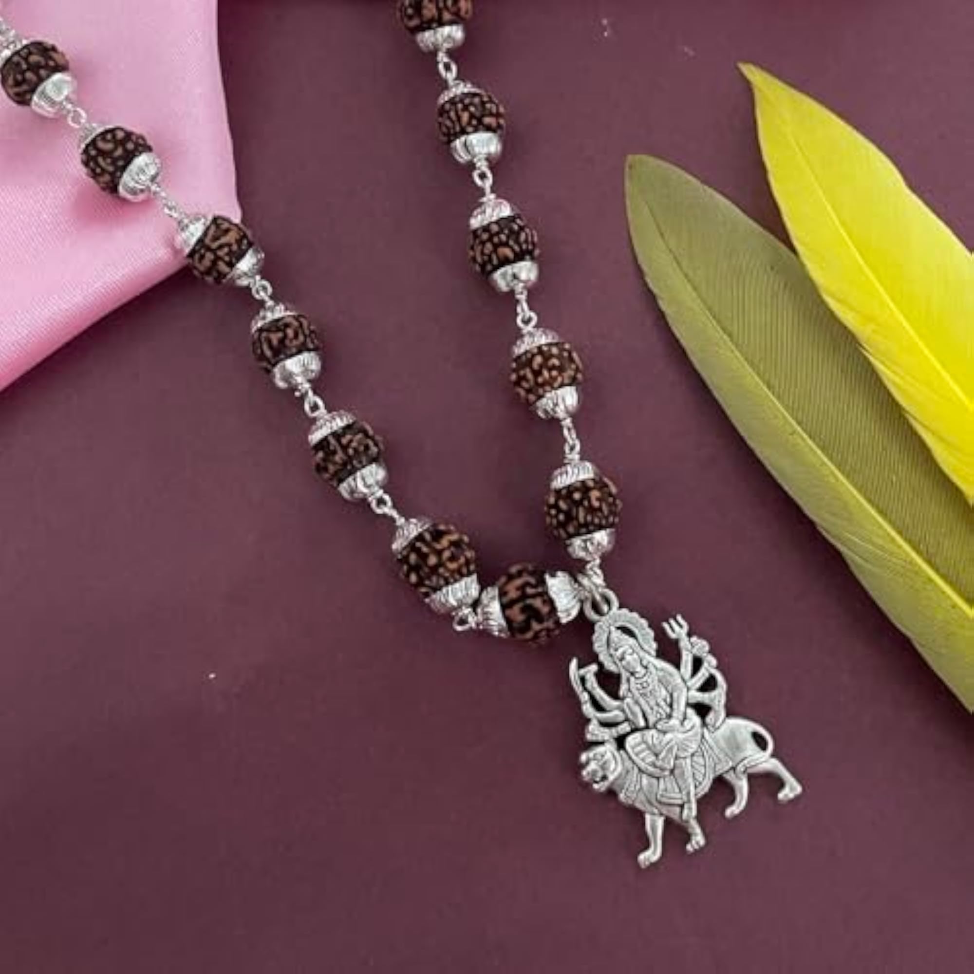 Lord Durga Mata Pendant Rudraksha Mala Necklace, Silver Plated