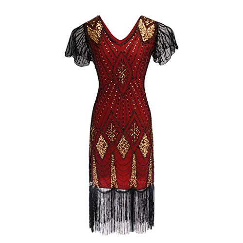 ZzZz Robe de 1920s Pailleté Embelli Frange Flapper Robe Jazz Charleston Great Gatsby Dress (XL, Rouge)