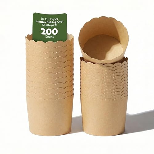 Restaurantware Baking Cups 200 Pack of 10 oz Paper Cupcake Liners Greaseproof Scalloped Oven-Safe Elegant Dessert Muffin Cups Disposable for Parties