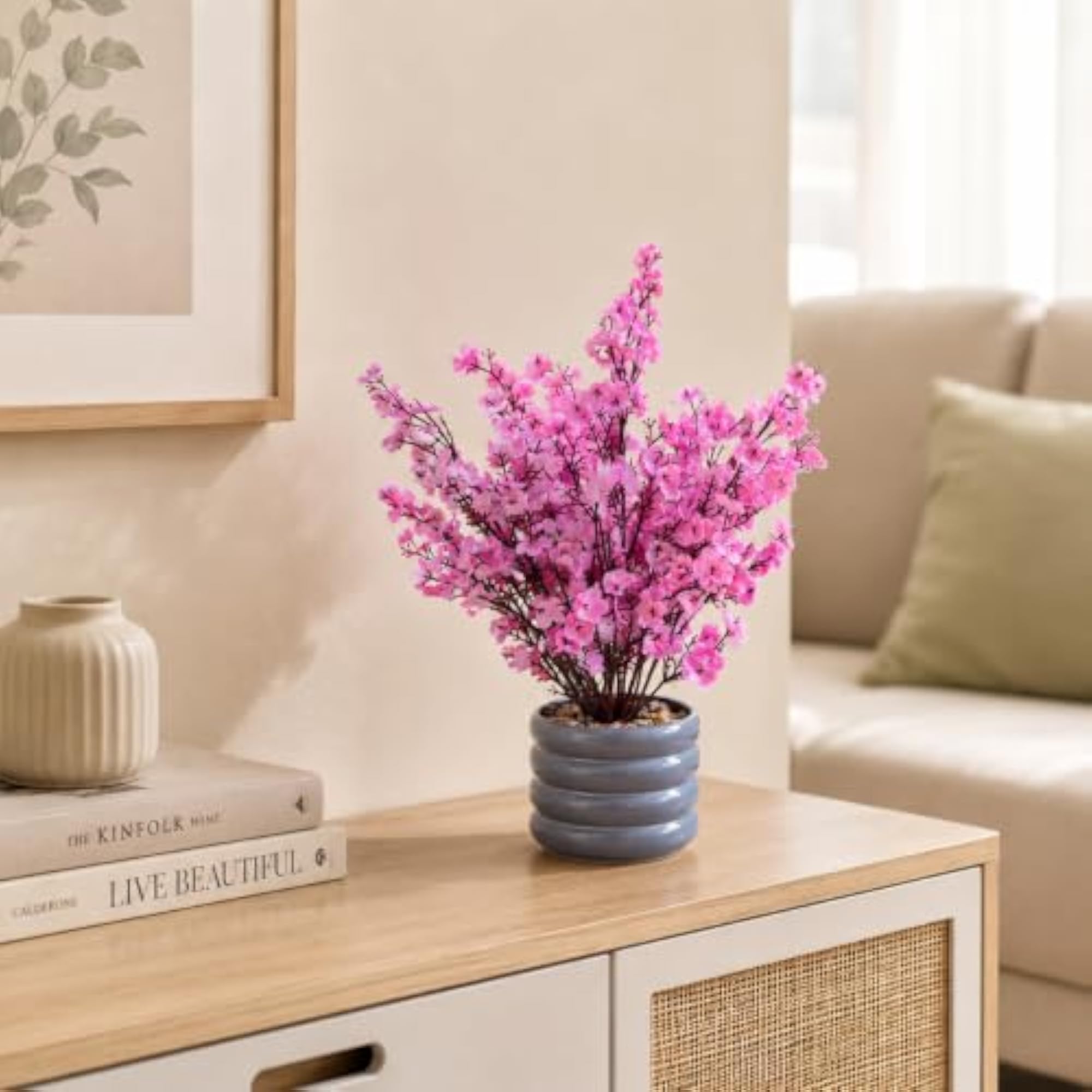 Artificial Pink Flowering Plant with Aesthetic Grey Pot