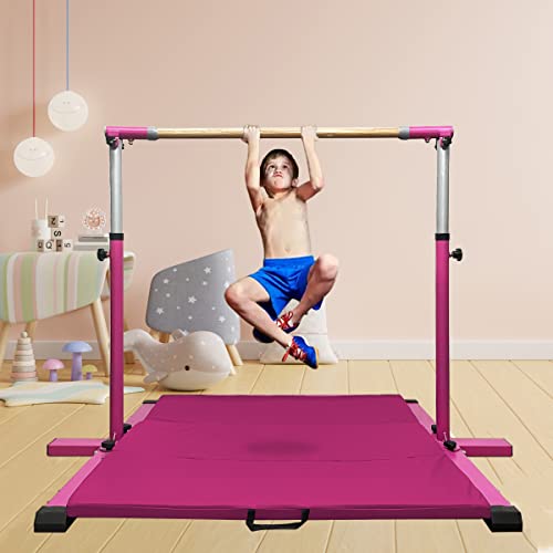 Glant Gymnastic Kip Bar,Horizontal Bar For Kids Girls Junior,3' To 5' Adjustable Height,Home Gym Equipment,Ideal For Indoor And Home Training,1-4 Levels,300Lbs Weight Capacity (Pink Mat) #TOP5