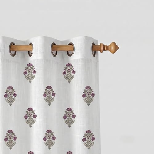 Image of LINENWALAS Decorative Cotton Linen Sheer Curtains 5 Feet for Window -Block Printed Door Curtain | Grommet Hanging Style Pack of 2 Panels |Light Filtering Sheer Drapes (Lavender Sage)