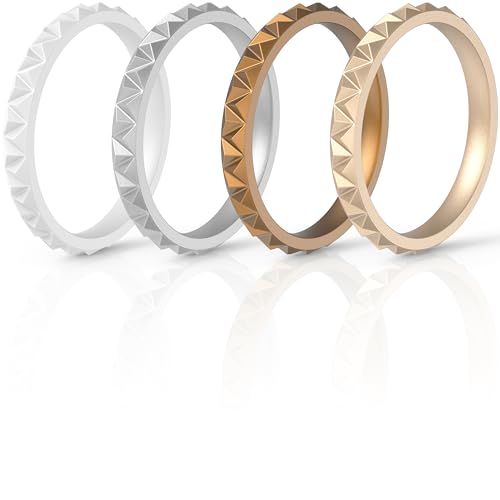 ThunderFit Womens Triangle Diamond Stackable Rings - 4 Rings - Thin Silicone Wedding Rings - 2.5mm wide - 2mm Thick