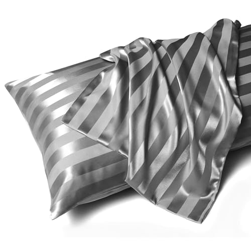 Image of MR&HM Satin Body Pillow Cover, Soft and Breathable Body Pillow Case with Envelope Closure, Cooling and Silky Long Pillowcase for Hair and Skin,Grey (20x54, Dark Grey Striped)