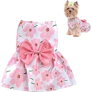 KUTKUT Cute Floral Pattern Dog Dress With Lovely Bow Pet Apparel Dog Clothes For Small Breed Dogs And Cats | Puppy Summer Dress Birthday Pet Dress (Size:L, Bust:42Cm, Length:32Cm, Pink)