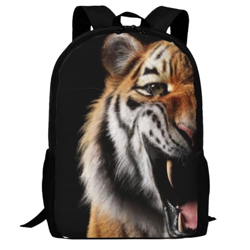 Travel Backpack Tiger Roar Portrait On Black 17In Lightweight Casual Daypack for Business Men Women