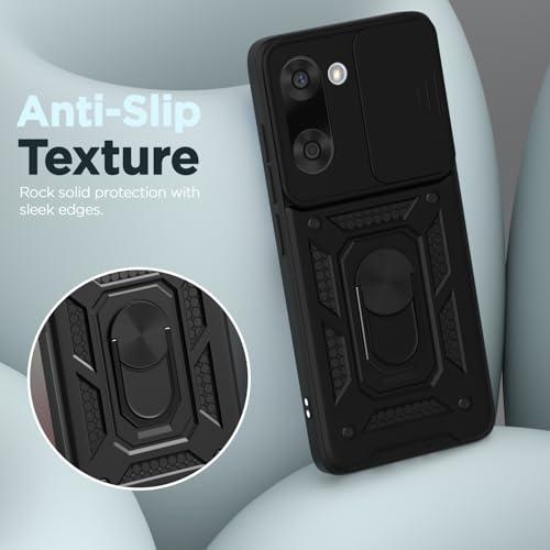 Image of Pikkme Back Cover for Oneplus Nord CE 5 5G | Sliding Camera Shield with Ring Stand | D10 Tough Armor Full Camera Protection Bumper Case (Black)