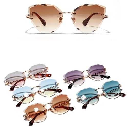 Retro Metal Cat Eye Women Men's Rimless Gradient Sun Glasses Trendy Light Diamond Eyewear Shades Uv4002