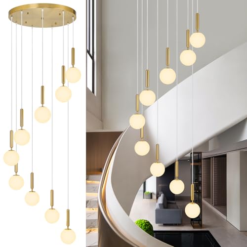 Image of 9-Lights Gold Chandelier with Milk White Glass Mid Century Modern