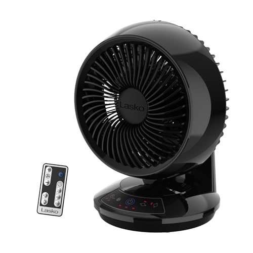 Lasko Air Circulator Fan, Whirlwind Orbital Motion Table Fan, 3 Speeds, Timer, Dark Mode, Remote Control Small Room Fan, Black, A12558