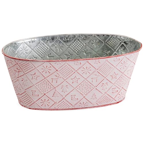 Ovaler Pflanztopf Winterdeko, Pflanzkübel in 24 x 13 x 10 cm, Rot - Metall Pflanzschale als Weihnachtsdeko - Dekorative Blumenschale für Zimmerpflanzen, Blumentopf für Fensterbank oder Garten