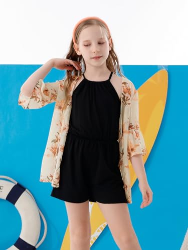 Image of GORLYA Girl's Floral Print Chiffon Beach Cardigan Cover ups Kids Casual Kimono Capes Swimsuit Wraps