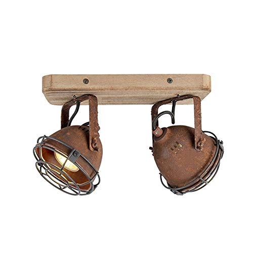 Qazqa Plafón industrial óxido madera orientable 2-luces - GINA/Acero Alargada Adecuado para LED Max. 2 x 25 Watt