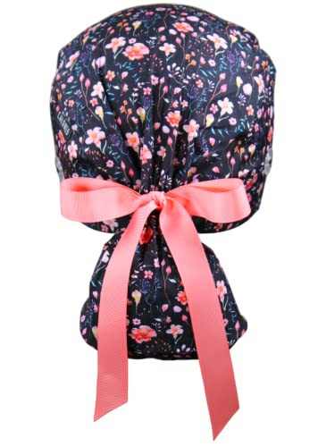 Image of Scrub Cap for Women and Men, Ponytail Scrub Caps, Working Hat, Head Cover with Ribbon Ties and Buttons, Long Hair