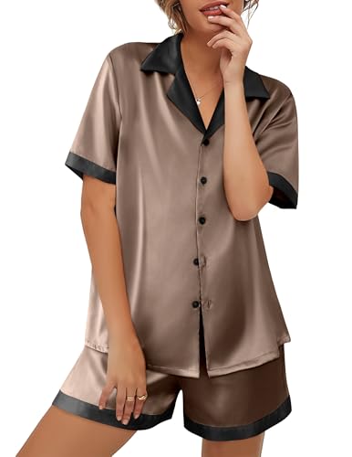 Image of Ekouaer Womens Silk Satin Pajama Set Short Sleeve PJs 2 Piece Button Down Top and Shorts Notch Collar Sleepwear Sets Soft Pjs