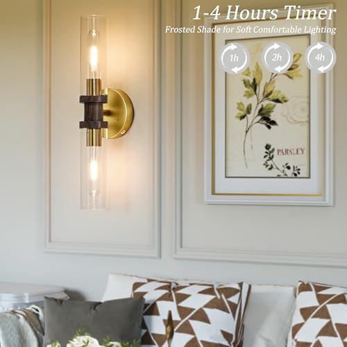 Image of Rayogale Gold & Walnut Wireless Battery Operated Wall Sconce with Remote | Dimmable Rechargeable Wall Lights Set of 2, Timer, No Hardwire, Touch Control, 8000mAh, 3000K, Glass, Emergency, 16.5 Inch