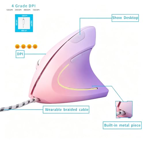 HXMJ Ergonomic Vertical Mouse Wired,USB Corded Optical Mice,7200DPI,Backilt,Right Handed Carpal Tunnel Mouse for Laptop,PC,Computer,Mac-Pink Purple - image 3