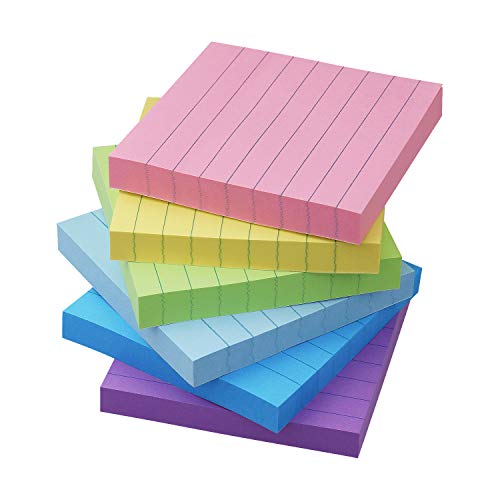 Lined Sticky Notes 3x3, 6 Color Pastel Colorful Sticky Pad, 6 Pads/Pack, 100 Sheets/Pad, Self-Stick Note Pads