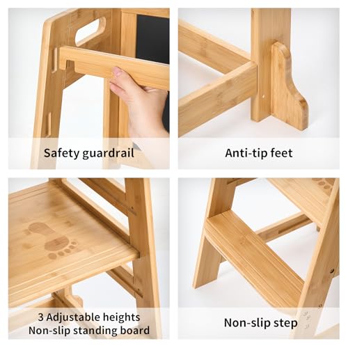 UNICOO Height Adjustable Step Stool with Extra Stool | Toddler Climber | Helper Tower for Toddlers | Activity Chalkboard Kitchen Step Stool | Safe and Sturdy Standing Tower for Kids