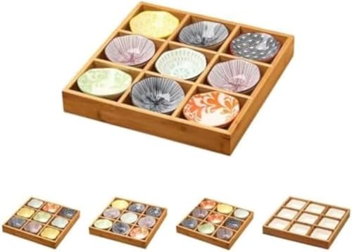 AOBOPO 和風 9 点セット 陶器/セラミック小皿 仕切り付き深型 竹トレイ付き 和食器 前菜皿/醤油皿/盛り鉢 火鍋/焼肉/寿司用 食洗機対応 天然木トレイ
